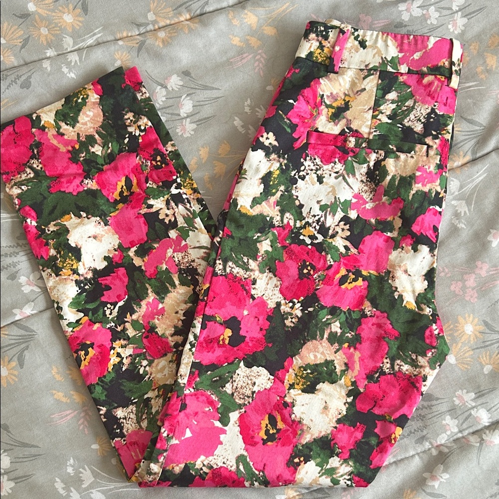 H&M Floral Print Pink Green White Cotton Blend Pants